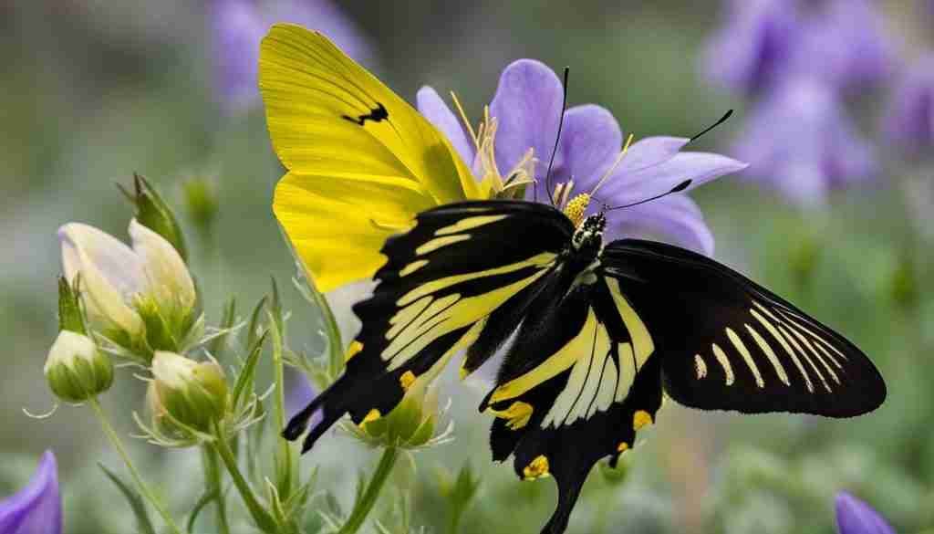 Columbine flower attracting a butterfly
