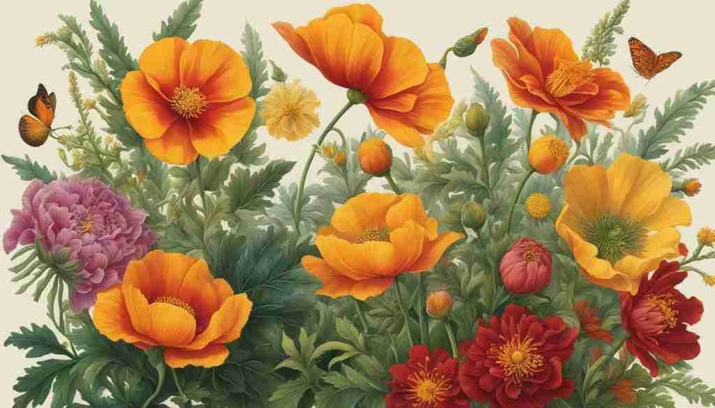 Mexican Poppy, Sword Lily, Belize Sage, and Dahlia