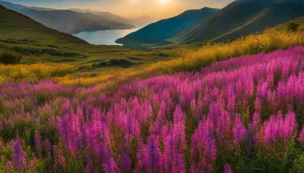 Pink hawksbeard, blue irises, and wild cotinus in Albania Pink hawksbeard, blue irises, and wild cotinus in Albania