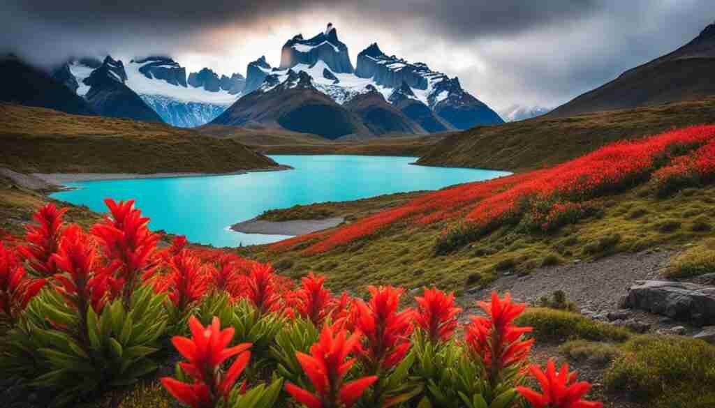 red flowers in Torres del Paine red flowers in Torres del Paine