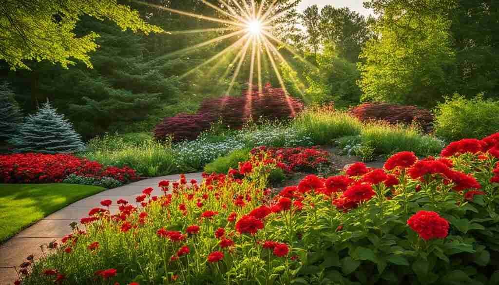 Red garden flowers in Minnesota