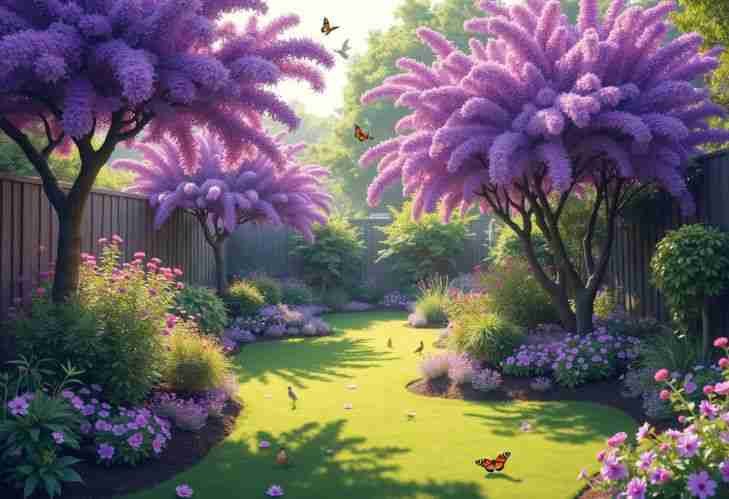 A tranquil backyard garden with vibrant purple flowering trees and wildlife.