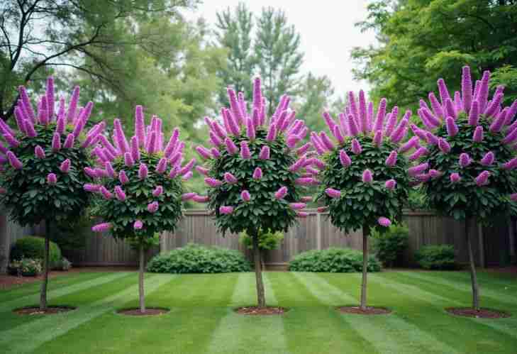 A backyard garden with five vibrant purple flowering trees in bloom.