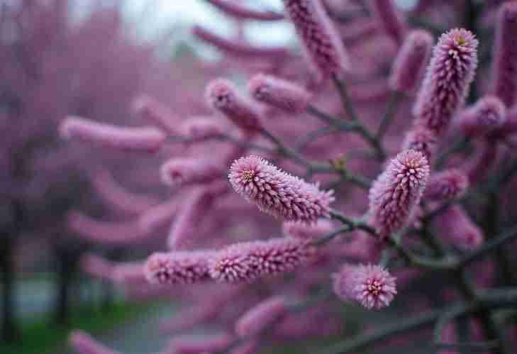 Close-up photo of purple flowering trees with unique leaf shapes.