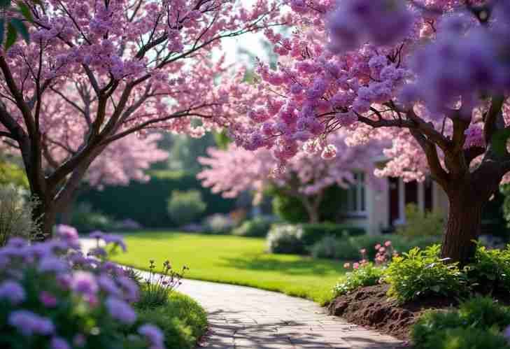 The colorful backyard garden with blooming purple trees creates a peaceful scene.