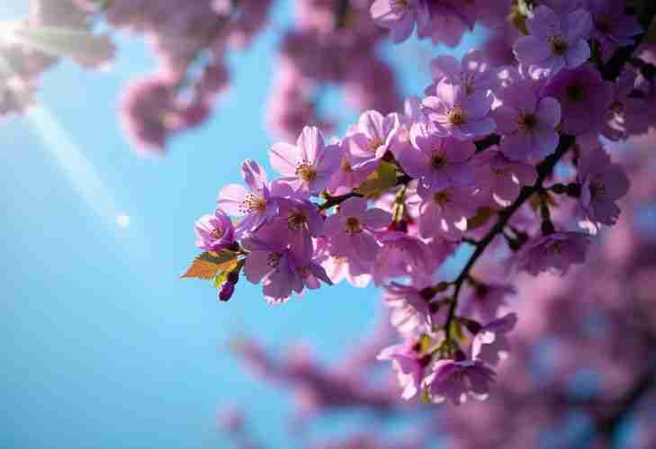 A close-up photo of a vibrant purple flowering tree against a clear blue sky.
