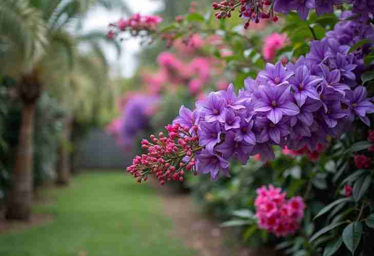 Vibrant spring garden with purple and pink blooming flowers.