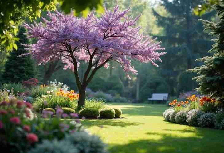 A peaceful garden with a blooming purple tree and colorful flowers.